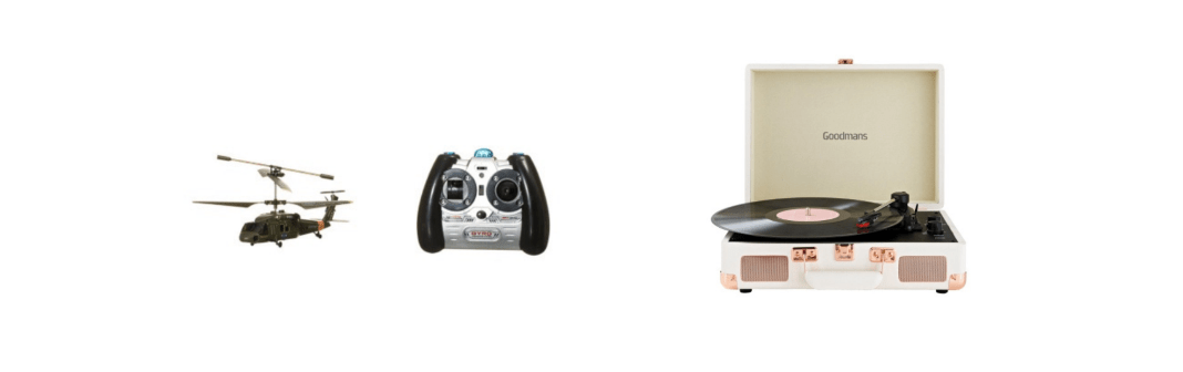 Syma Remote Controlled Helicopter and Goodmans Revive Bluetooth Turntable.