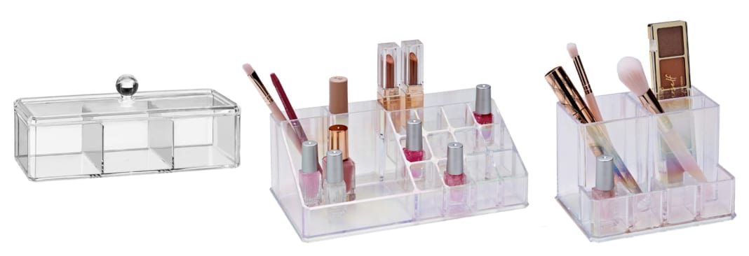 A range of make-up storage caddy's on a white background.