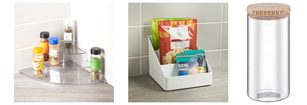 Three kitchen storage solutions, including a corner spice rack, food packet organiser and large glass canister with wooden lid