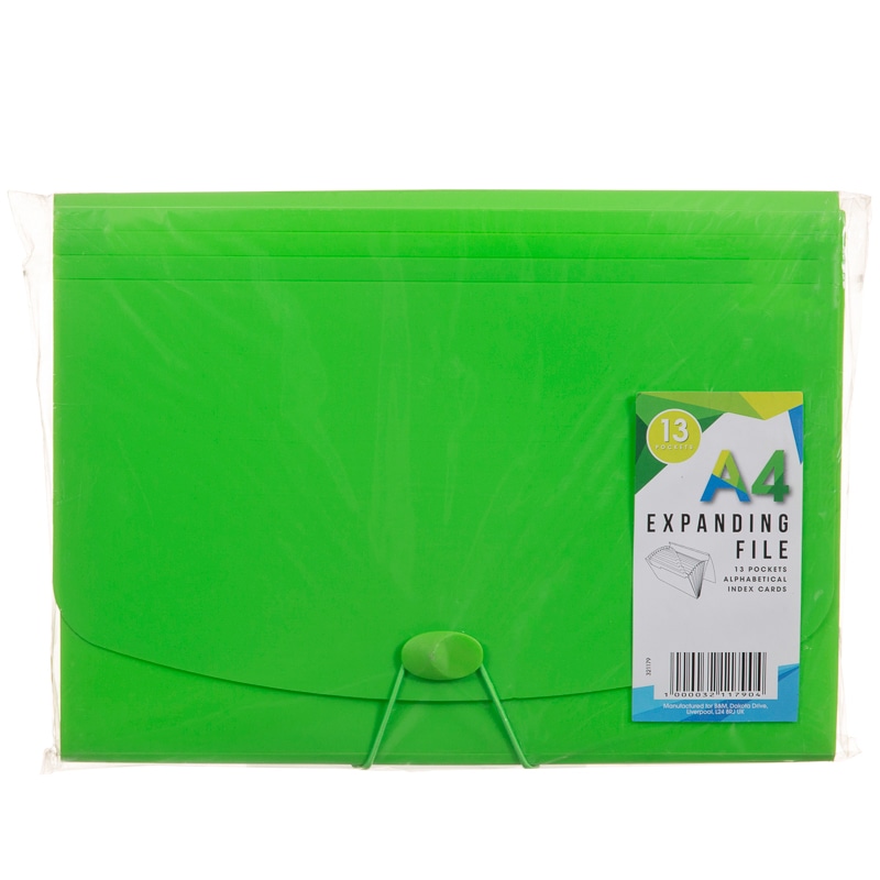 A4 Expanding File 13 Pockets Green Filing B&M