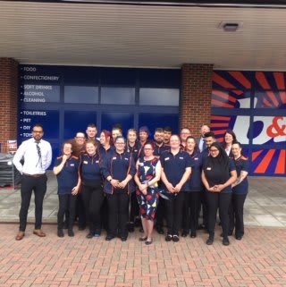 The store team at B&M's newest store in Huntingdon pose in front of their wonderful new Home Store & Garden Centre, located at Huntingdon Retail Park.