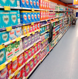 A look at B&M Blackpool's cleaning range, featuring big household brands like Fairy and Surf at low prices.