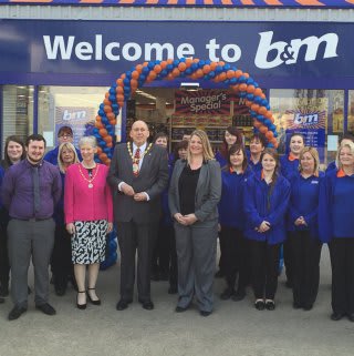Bedworth store being opened by the Mayor of Bedworth, Councillor Brian Hawkes and the Mayoress Mrs Diana Hawkes and Jeff Hunt from People in Action.