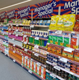The current round of Managers Specials on display at B&M's new store in Culverhouse Cross, Cardiff.