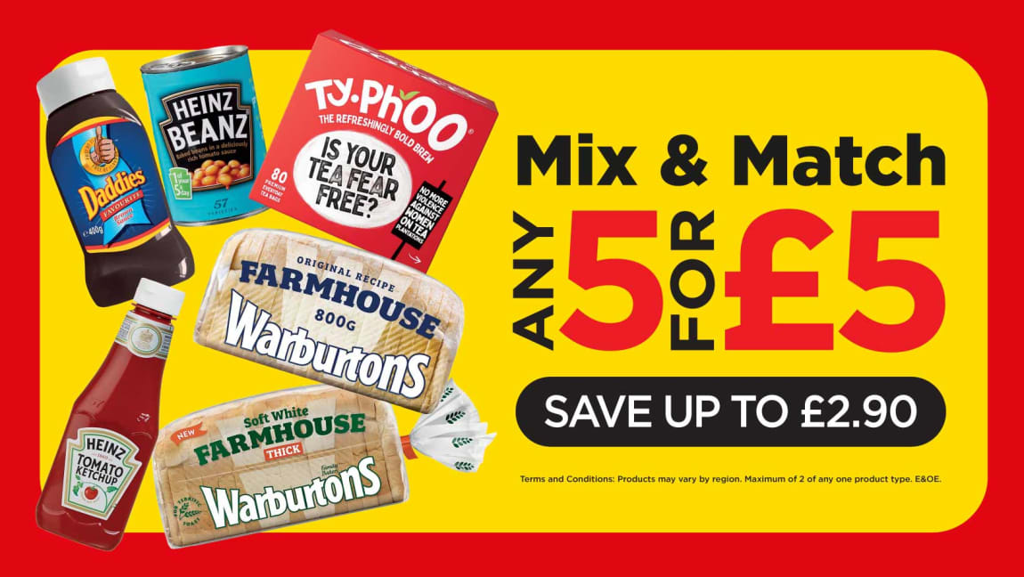 Any 5 for £5 Grocery Offer at B&M. Cat