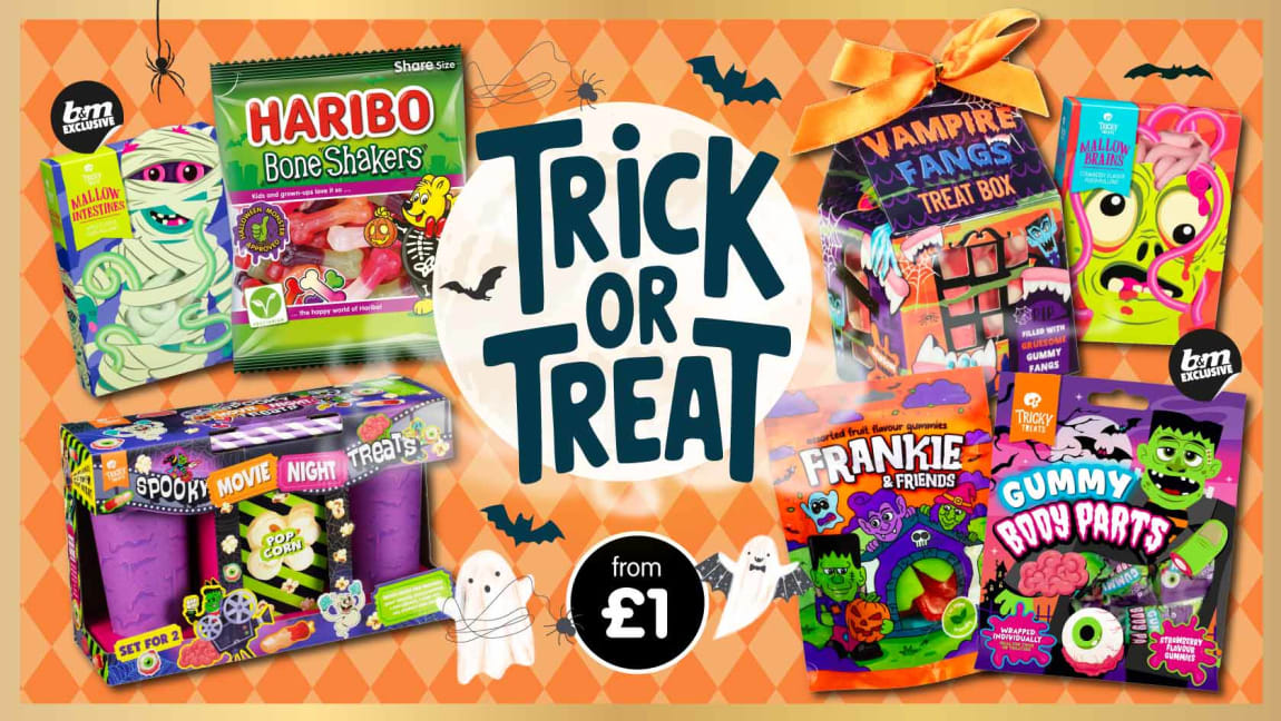 Save on Halloween Confectionery at B&M. cat banner