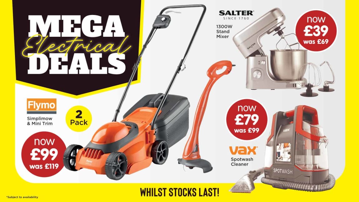 B&M Mega Electrical Deals. Cat banner.