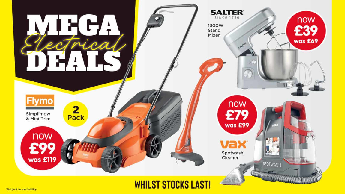 B&M Mega Electrical Deals. Cat banner.