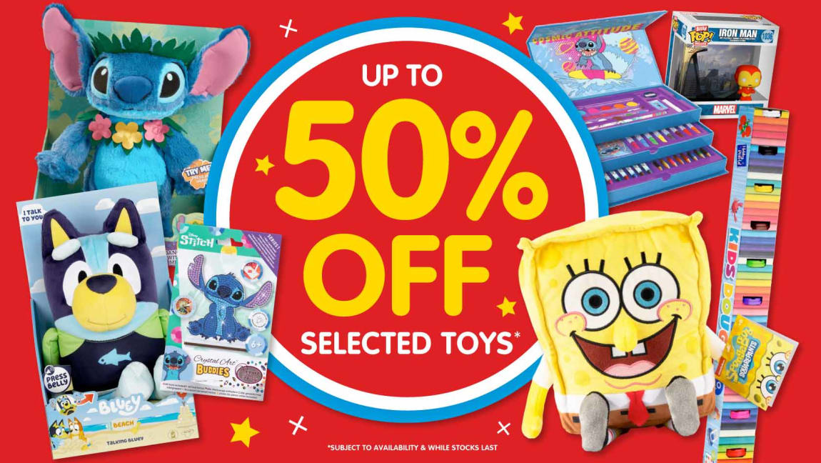 Up to 50% off selected Toys at B&M. Cat banner.