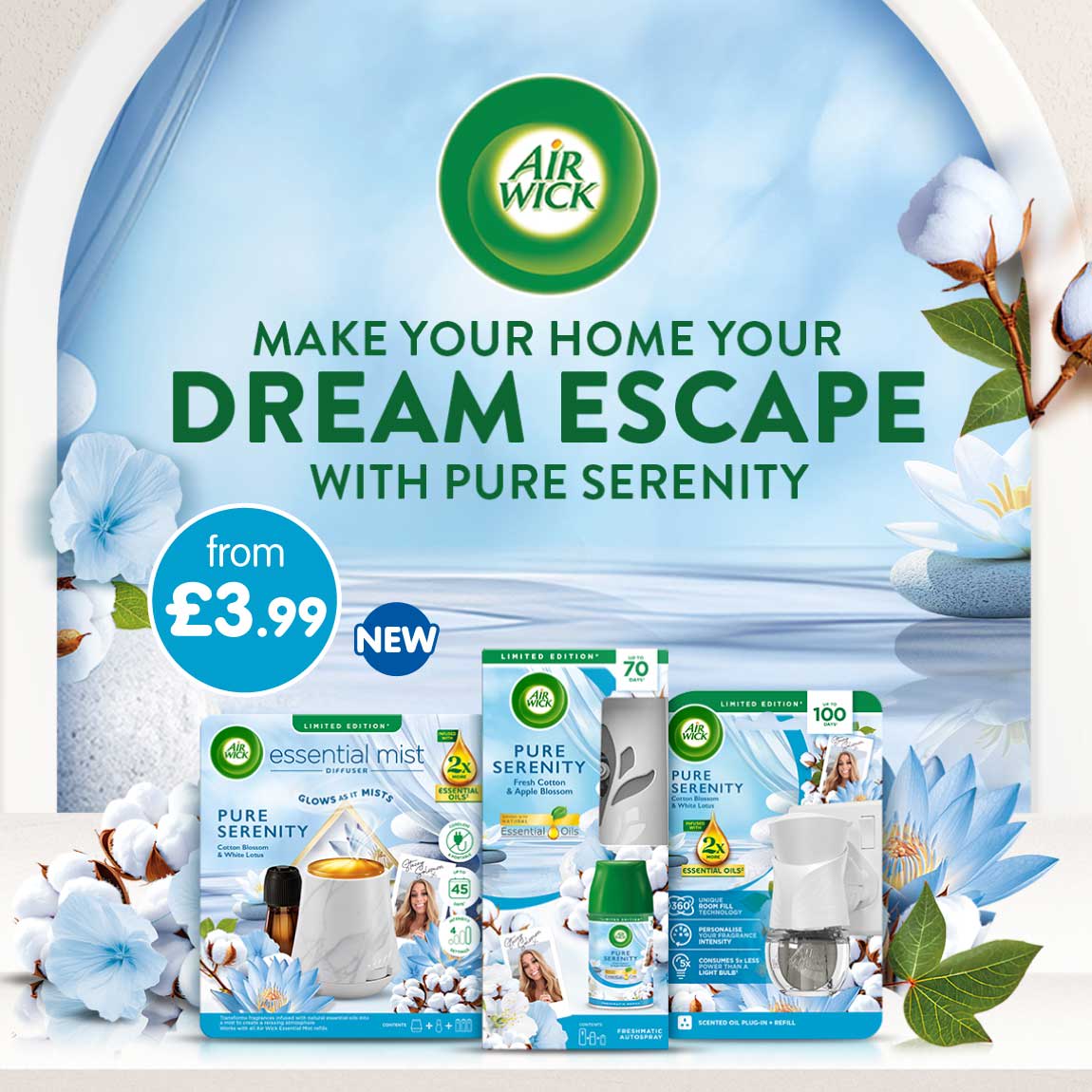 New Air Wick Pure Serenity at B&M. Home banner.