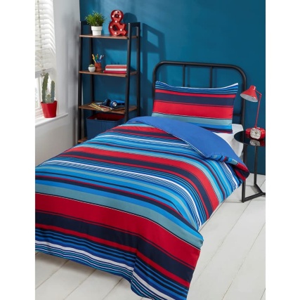 Striped Single Duvet Set Red Blue Bedding B M