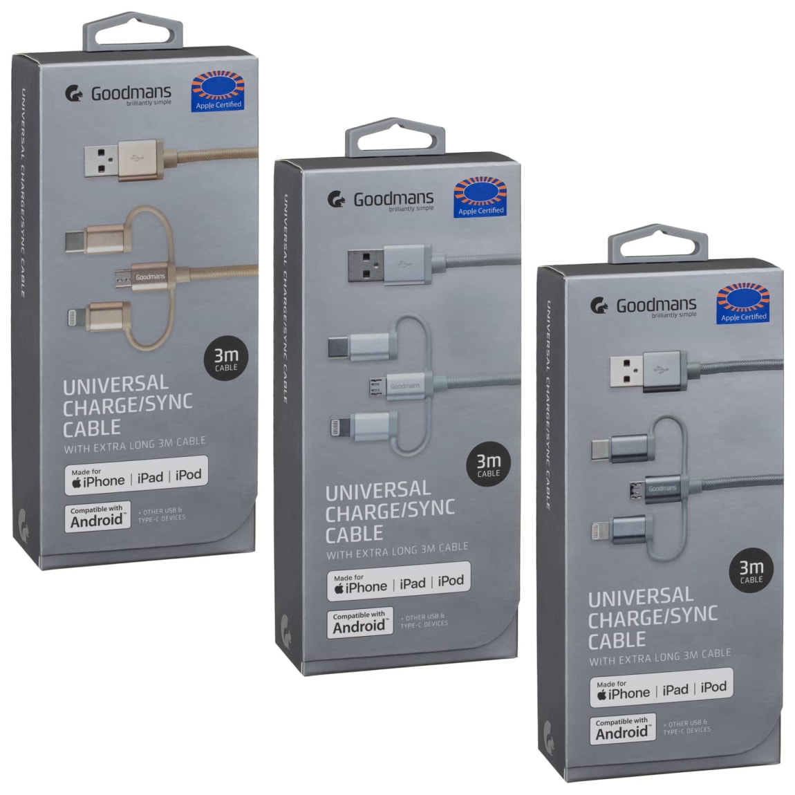 Goodmans 3in1 Charging & Sync Cable Black Electrical B&M