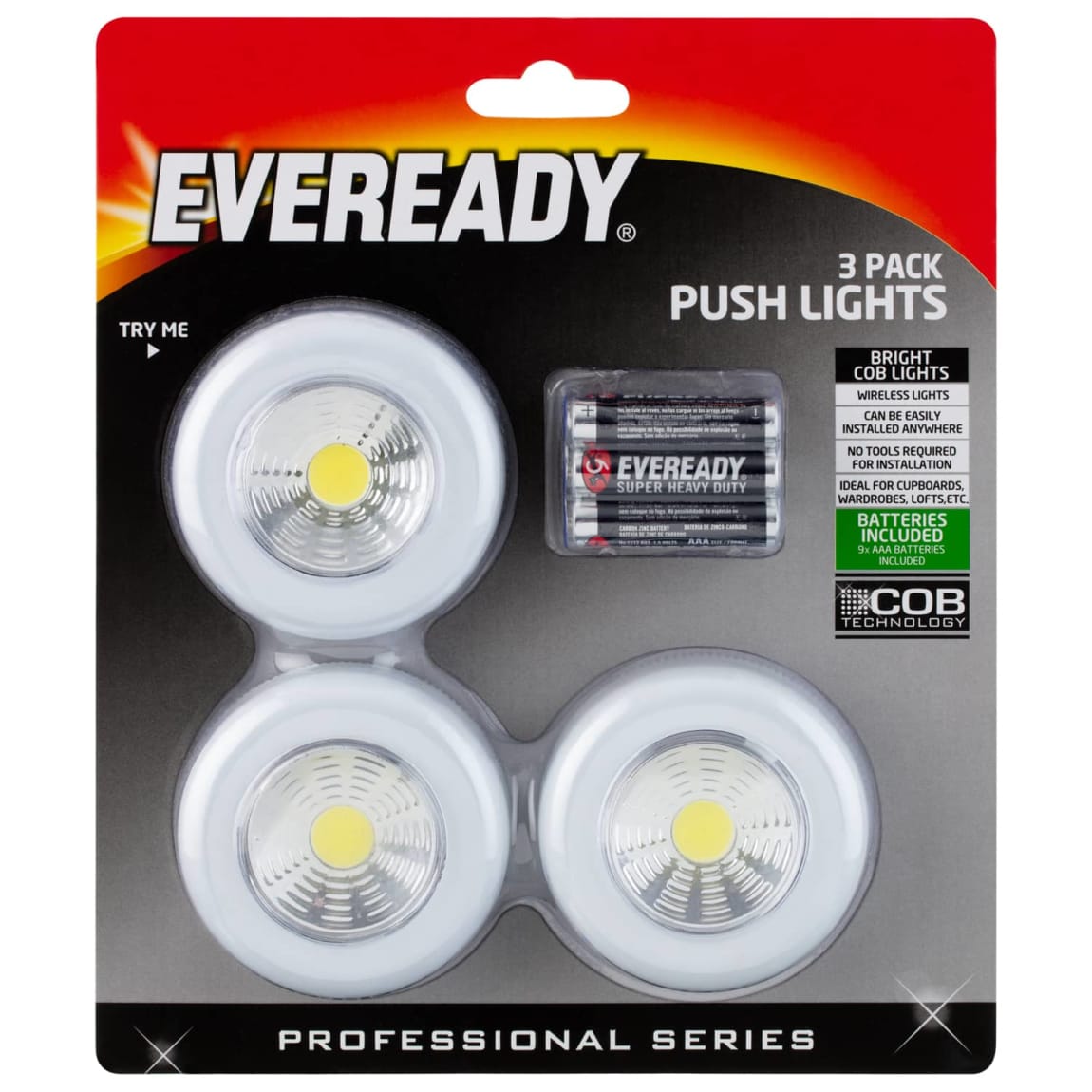 Eveready Cob Push Lights 3pk Electrical Lighting B&M