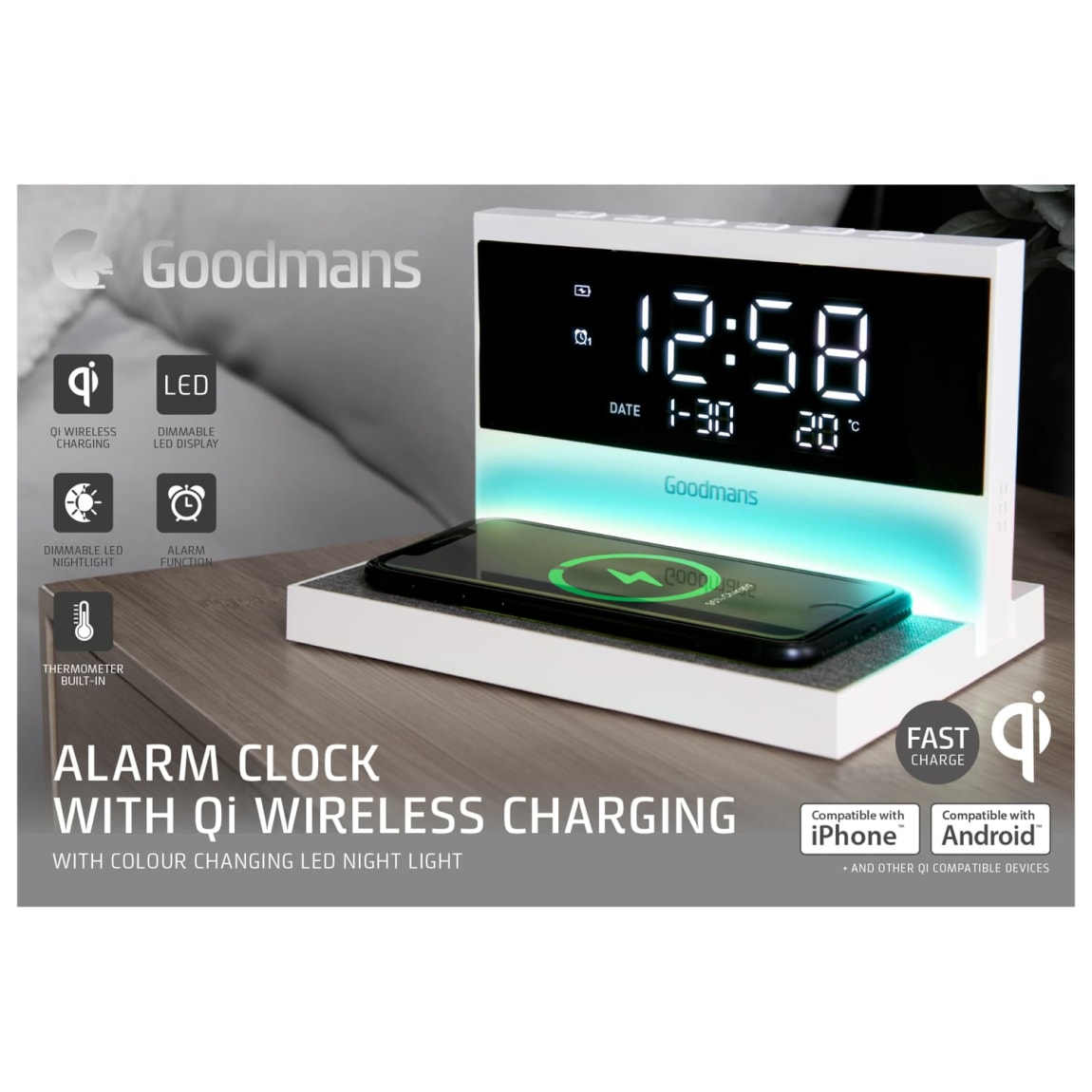 410223-goodmans-alarm-clock-with-wireless-charging-white
