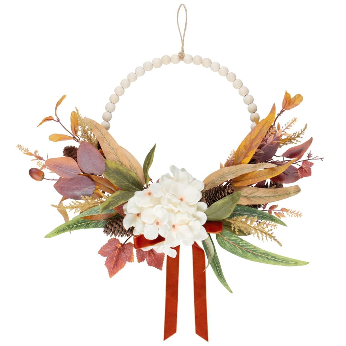 434872-autumn-hydrangea-hoop-wreath-with-wood-beads