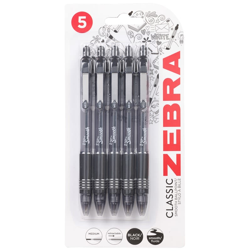 Zebra Z-Grip Smooth – Confezione Da 5 Penne A Sfera Retrattili – Punta 1,0 Mm – Inchiostro Nero – Grigio Pastello
