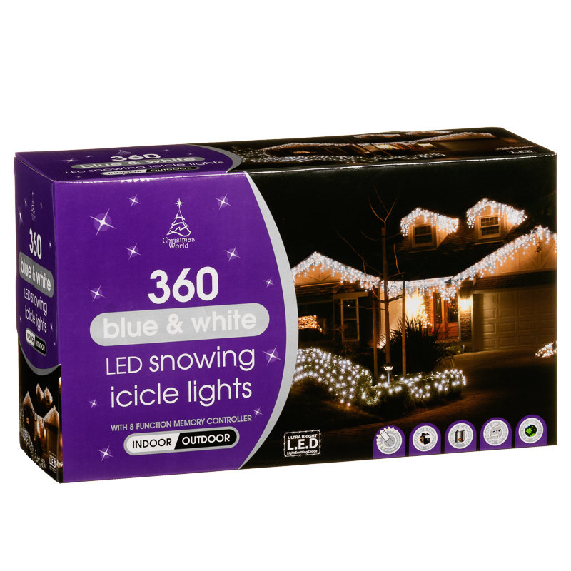 Snowing Led Icicle Lights 360pk Blue White Xmas B M 292233 360 Blue And White Led Snowing Icicle