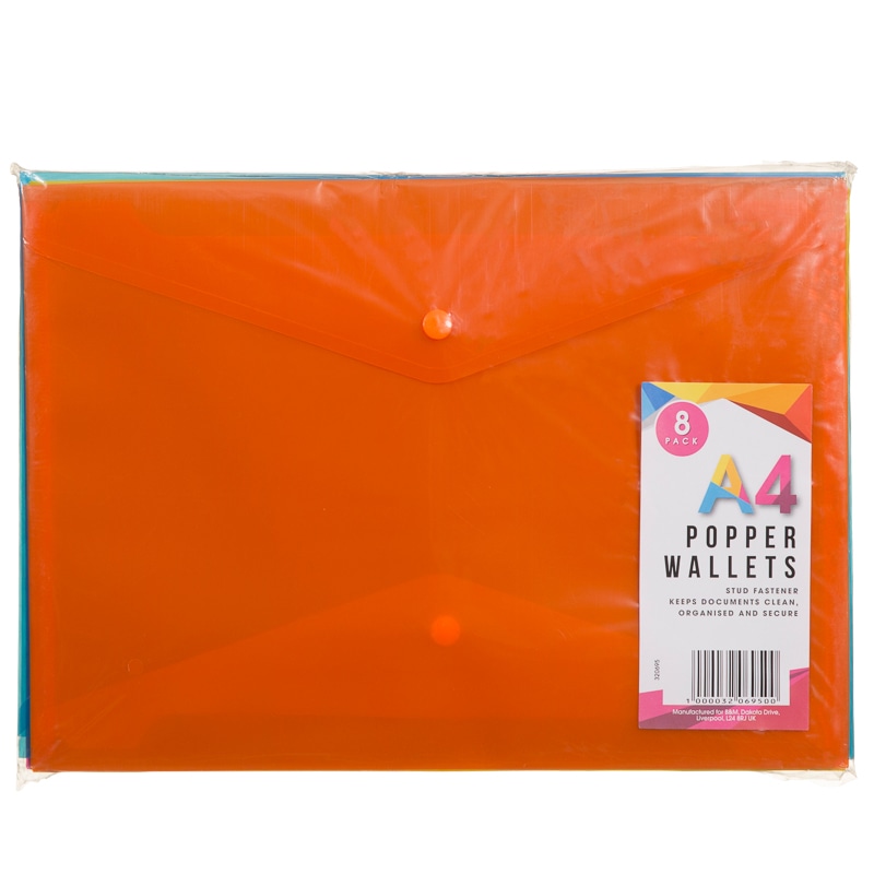 A4 Popper Wallets 8pk Assorted Colours Stationery B&M