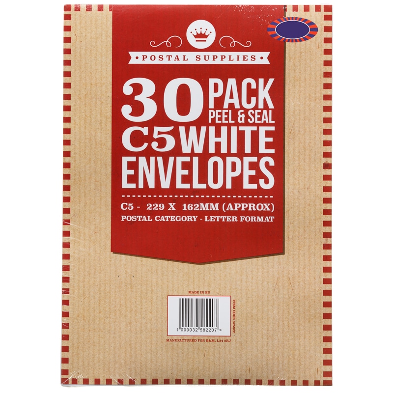 C5 White Envelopes 30pk Postage & Mailing B&M