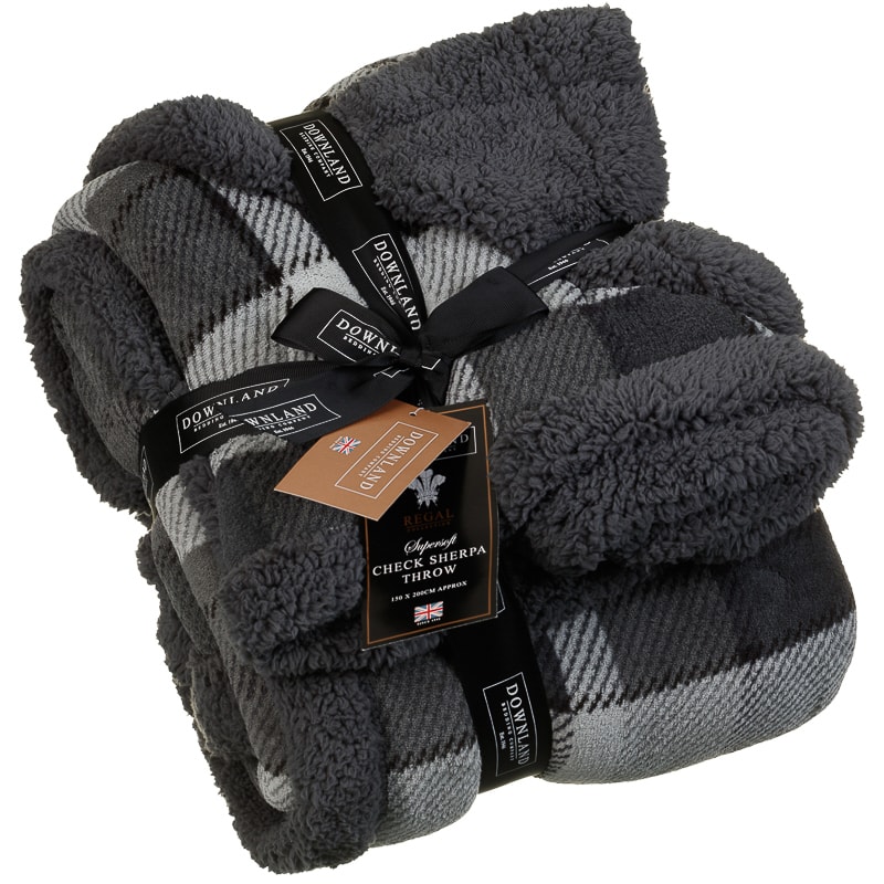 Check Sherpa Throw Grey Soft Furnishings Throws B&M