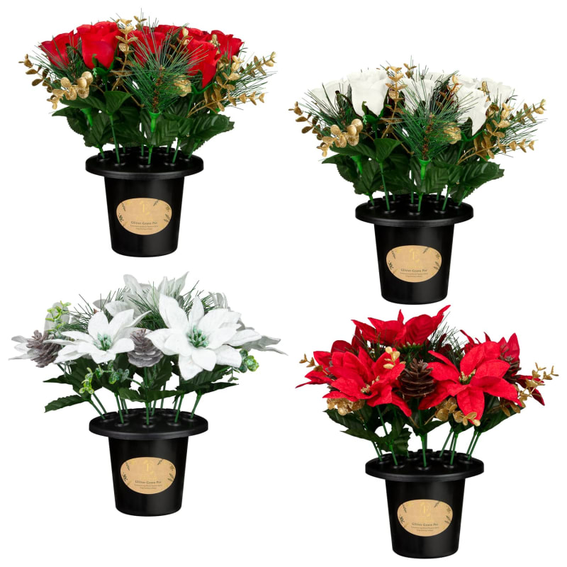 Glitter Grave Pots Red Roses Vases & Artificial Flowers B&M