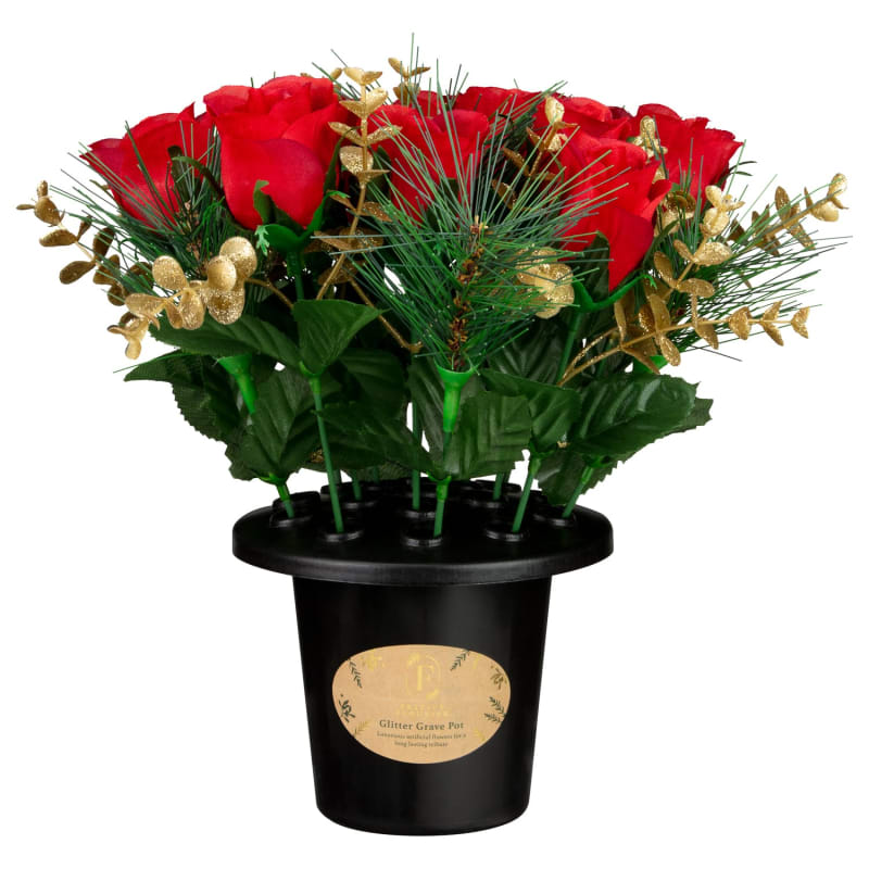 Glitter Grave Pots Red Roses Vases & Artificial Flowers B&M