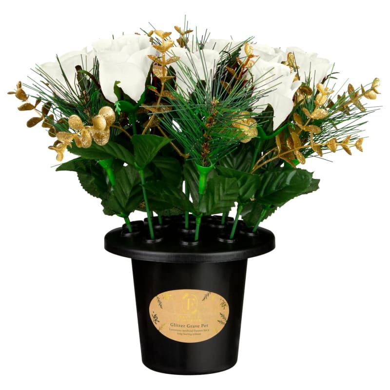Glitter Grave Pots White Roses Vases & Artificial Flowers B&M