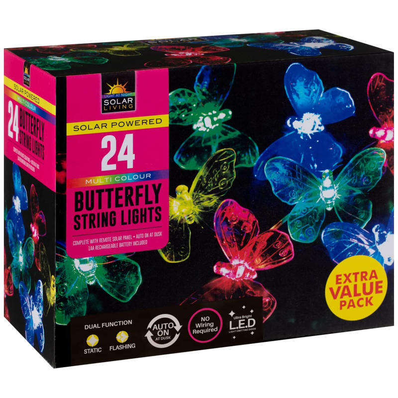 24 Solar LED Butterfly String Lights Multicolour B&M