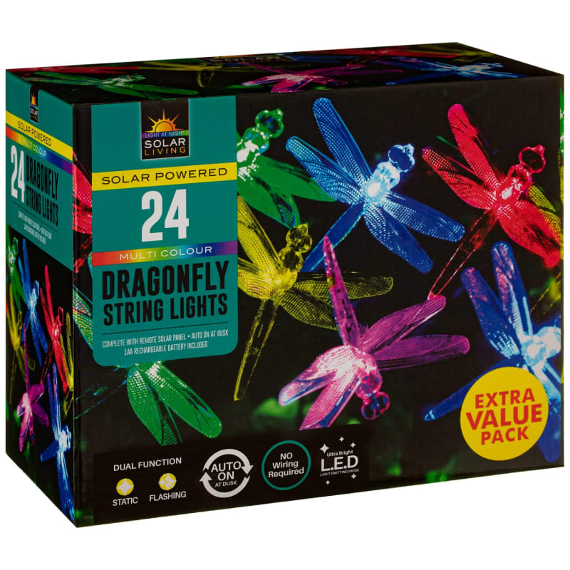 24 Solar LED Dragonfly String Lights Multicolour B&M