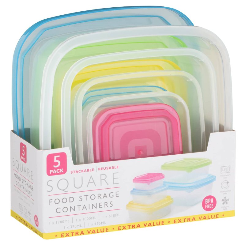 Square Food Storage Containers 5pk Kitchen B&M