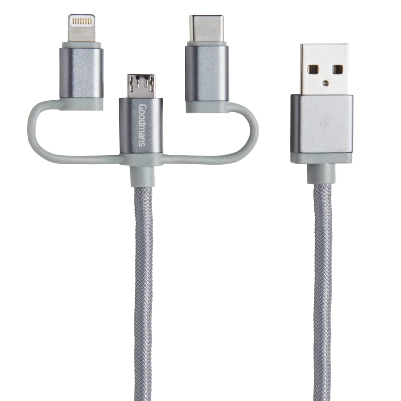 Goodmans 3in1 Charging & Sync Cable Grey Electrical B&M