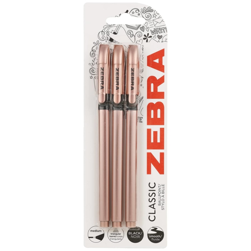 Zebra Z Grip Classic Ballpoint Pens 3pk Rose Gold Stationery B&M