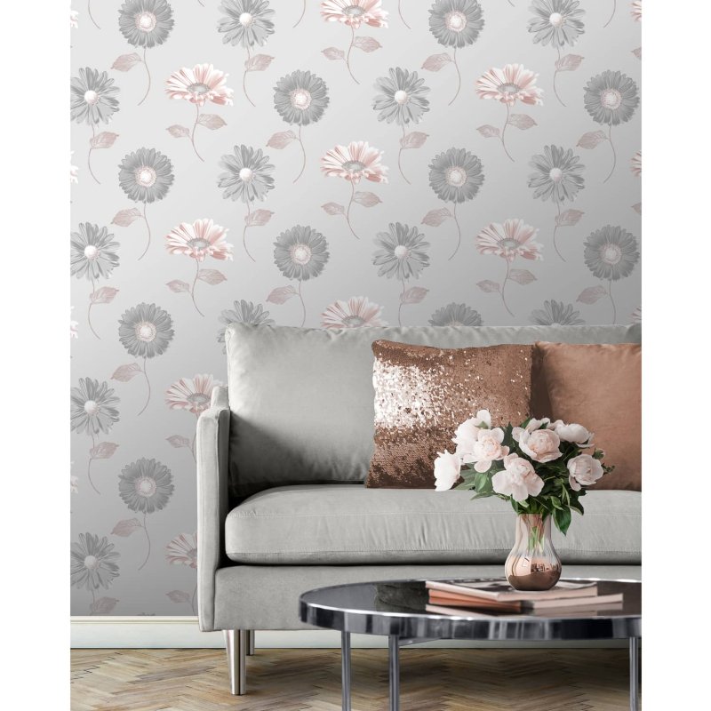 Daisy Grey &amp; Rose Gold Wallpaper Cheap Floral Wallpaper