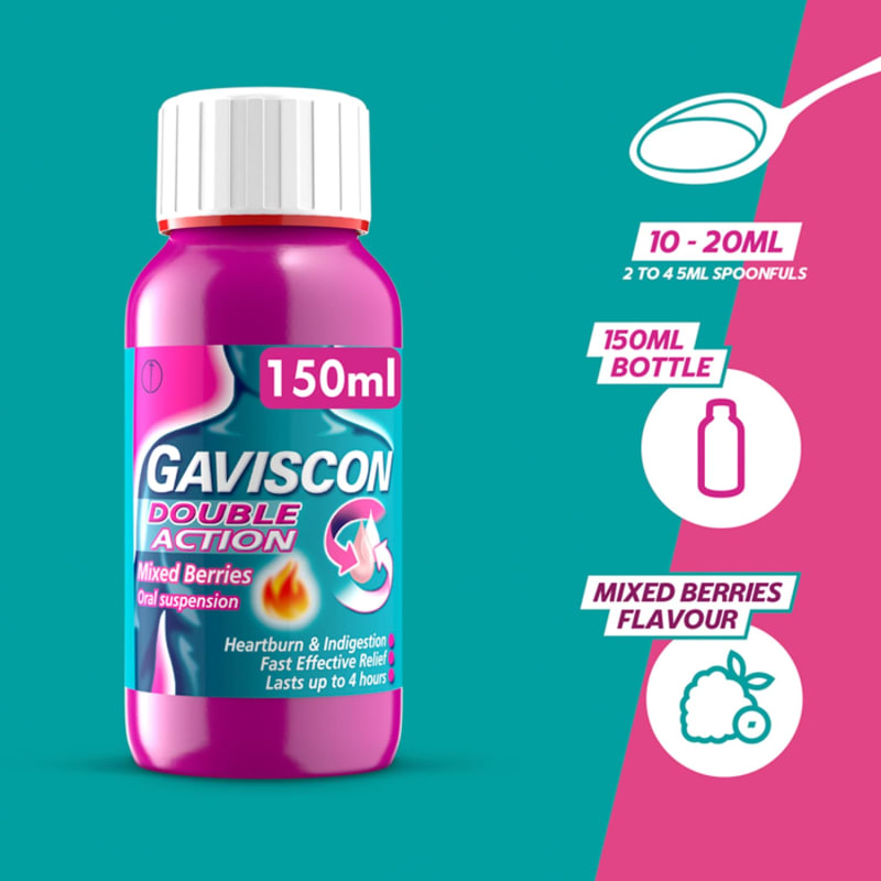Gaviscon Double Action 150ml Mixed Berries Heartburn Relief B&M