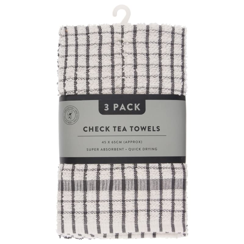 Grey Check Tea Towels 3pk Tea Towels B&M