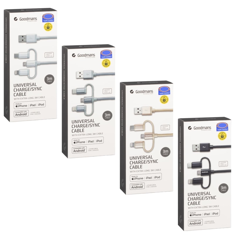 Goodmans 3in1 Charging & Sync Cable Silver Electrical B&M