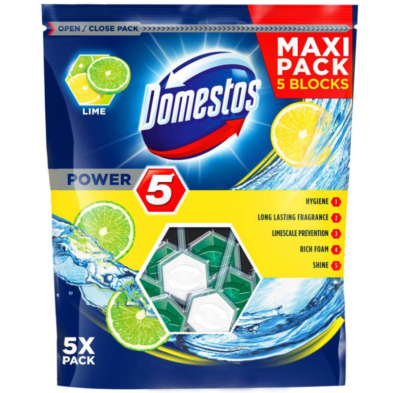 Domestos Power 5 Toilet Blocks 5pk Lime Household B&M