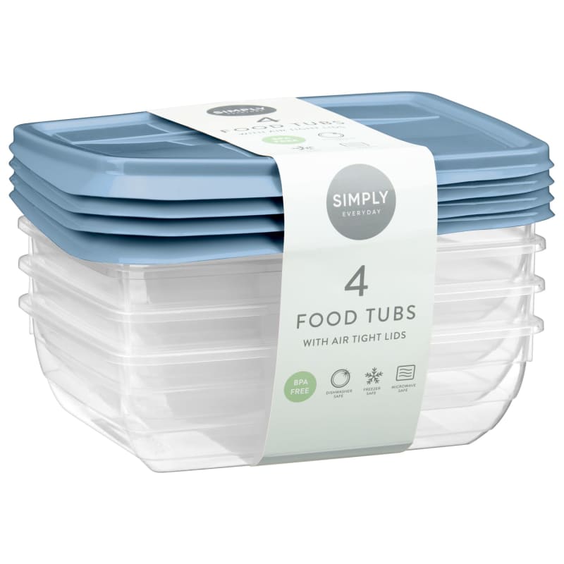 Large Food Tubs with Airtight Lids 4pk Blue Kitchen B&M