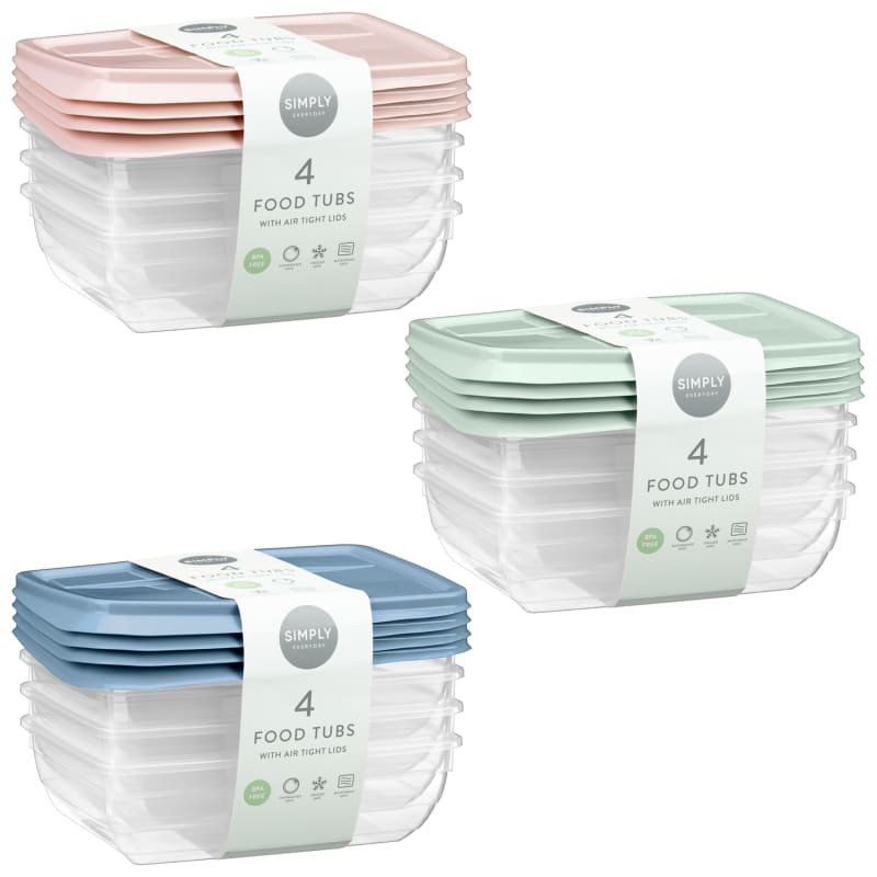 Large Food Tubs with Airtight Lids 4pk Blue Kitchen B&M