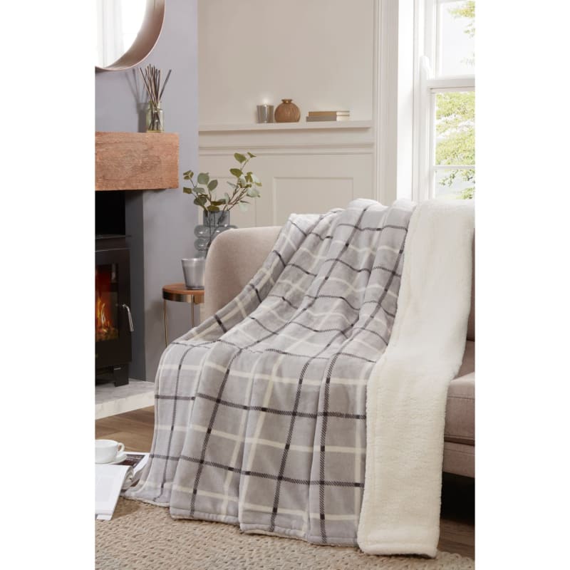 Check Flannel Sherpa Throw Grey Textiles Throws B&M Stores