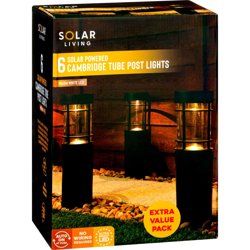 Cambridge Solar Powered Tube Post Lights 6pk Garden Lights B&M