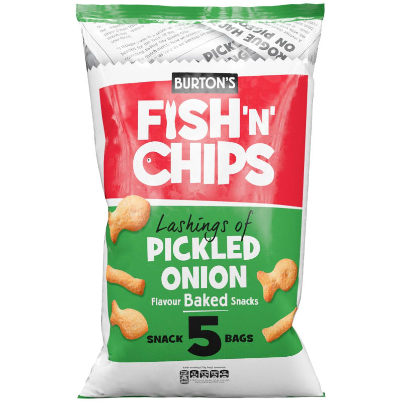Burtons Fish 'n' Chips 5 Snack Bags Pickled Onion Crisps, Snacks