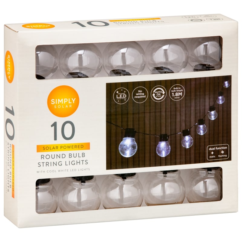 Solar Round String Lights 10pk Cool White Solar Lighting B&M