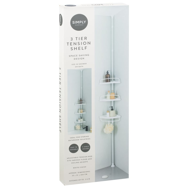 3 Tier Corner Tension Shelf White Bathroom Accessories B&M