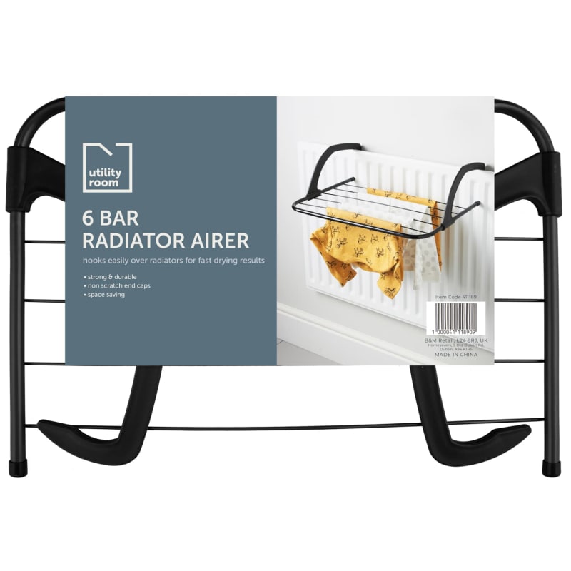 6 Bar Radiator Airer Black Laundry Baskets, Pegs & Airers B&M