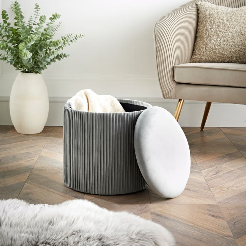 Hoxton Velvet Storage Footstool Grey Footstools B&M