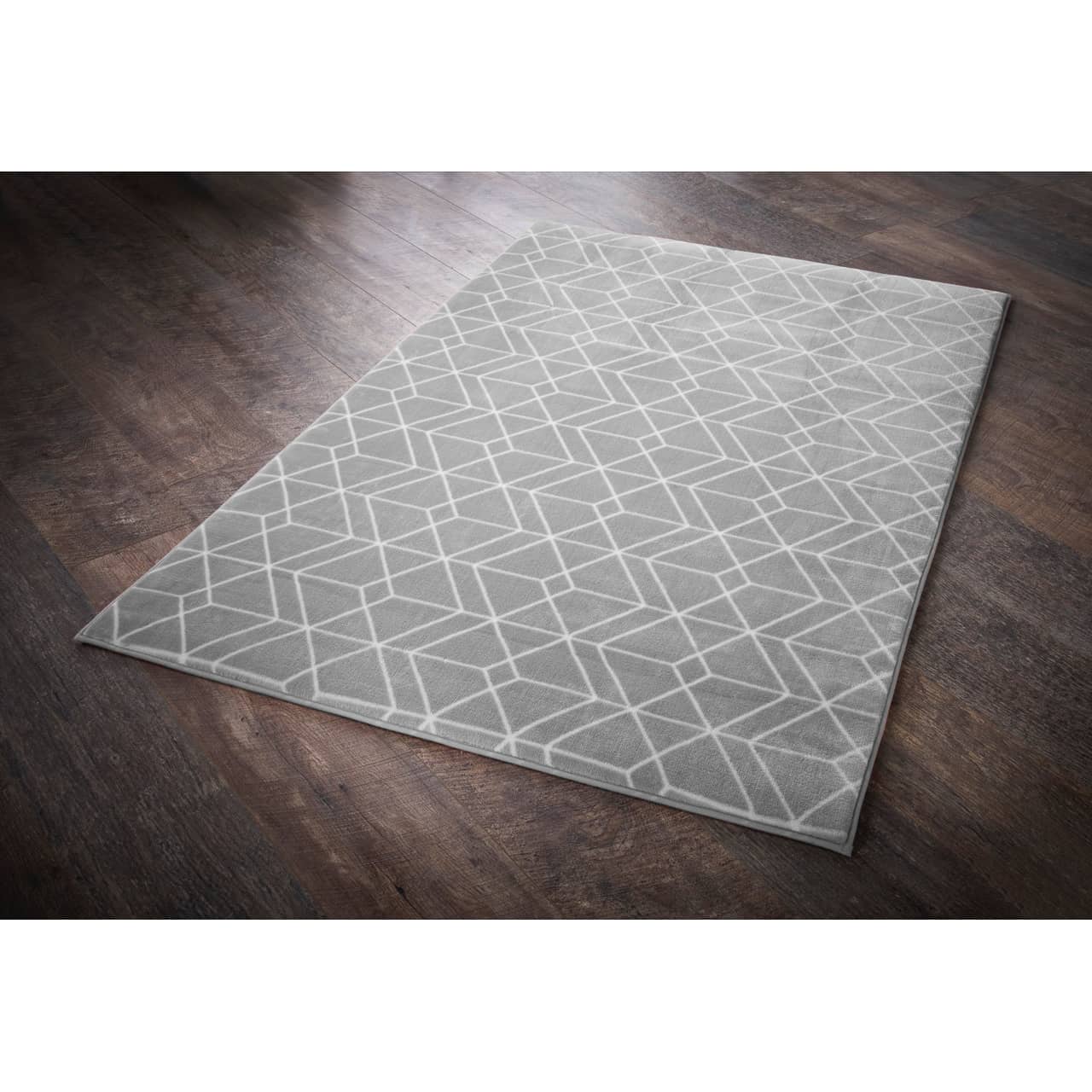 Geo Microplush Rug 60 x 110cm Grey Rugs B&M