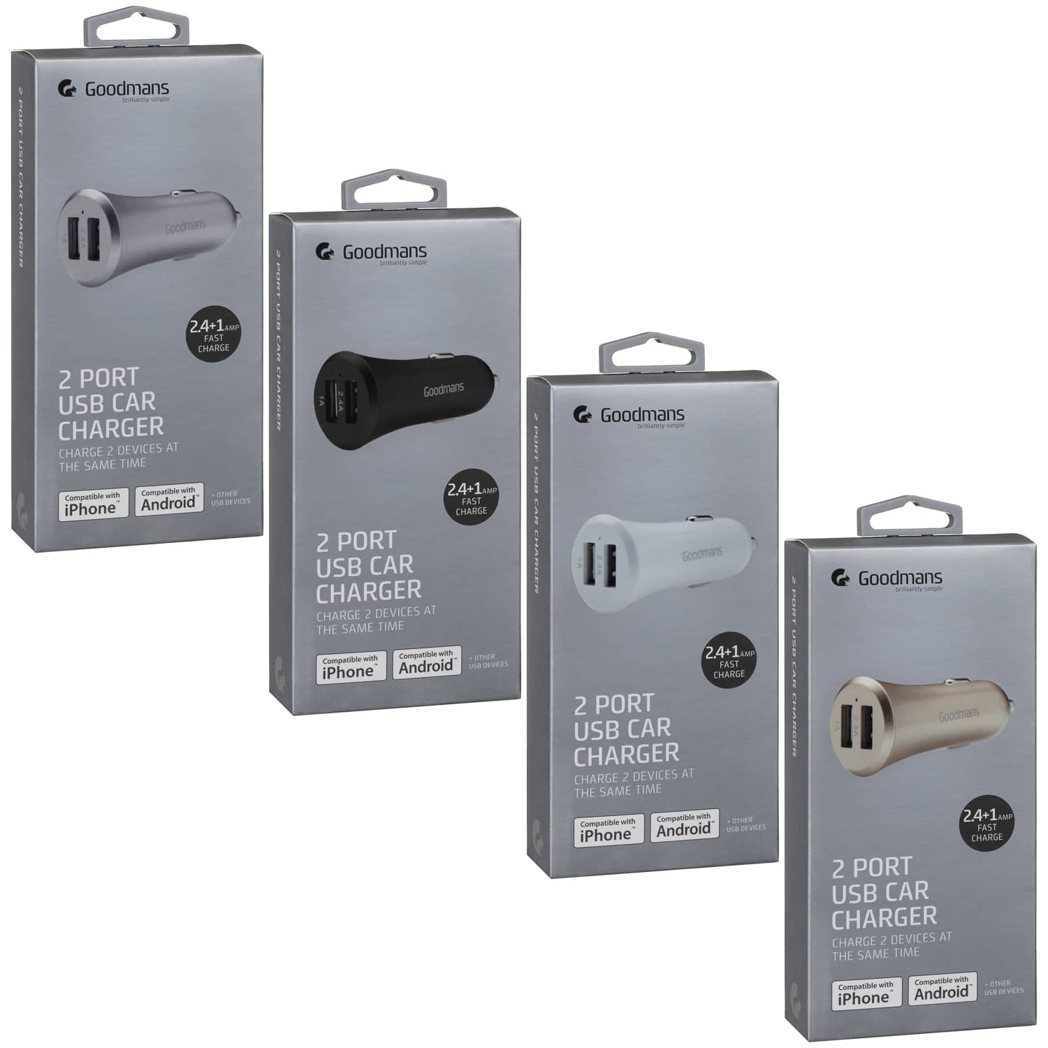 Goodmans 2 Port USB Car Charger + Cable Silver Phone Accessories