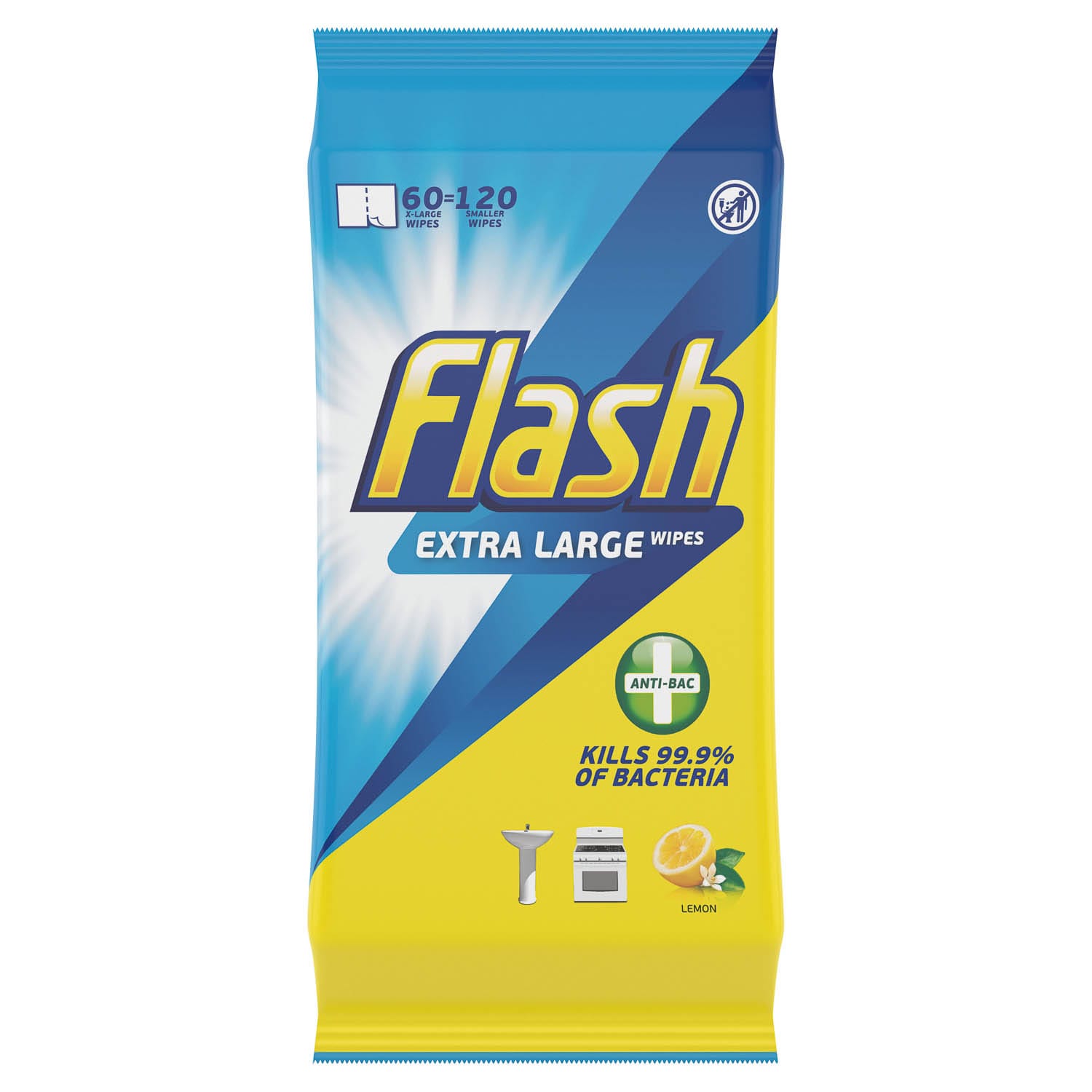 Flash Extra Large Wipes 120pk Lemon Cleaning B&M