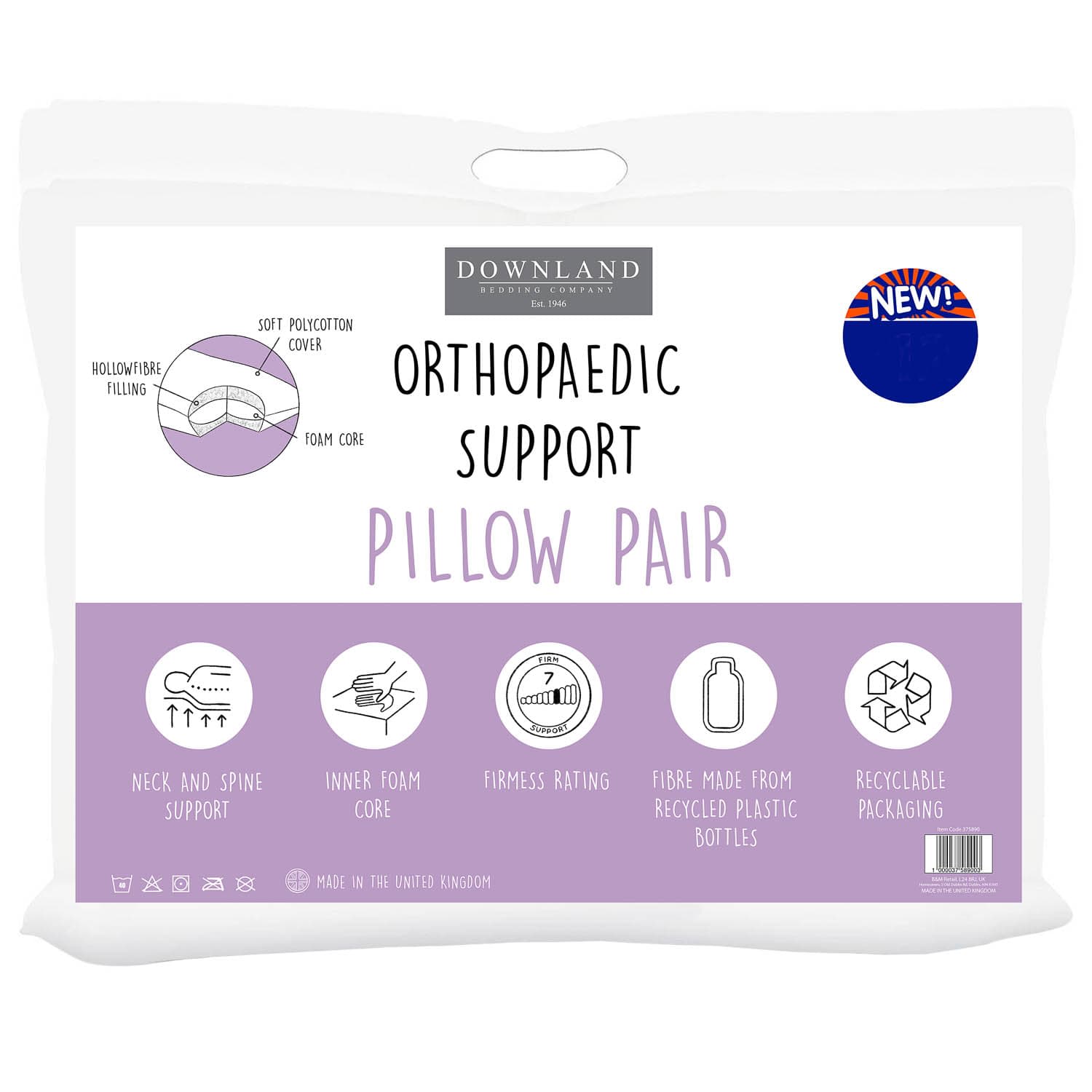 Downland Orthopaedic Pillows 2pk Bedding Pillows B&M